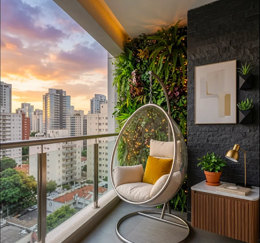 Balcony retreat with vertical garden and hanging chair, Seegehalli