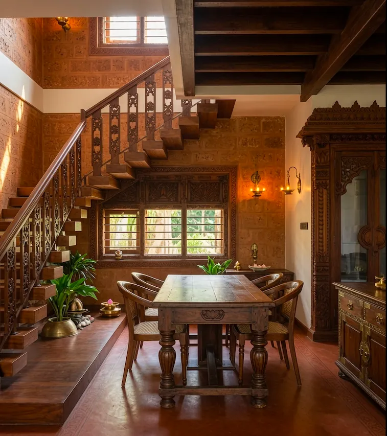 Heritage-style dining room with carved wooden staircase, Mallur project