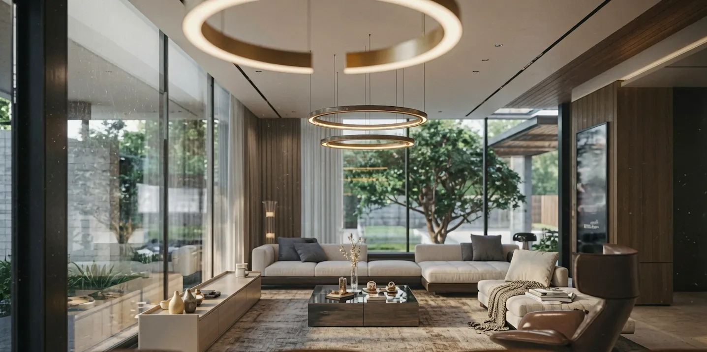 Villa living room with ring chandeliers and garden view