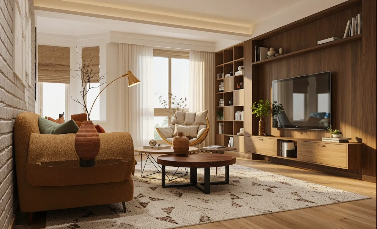 Warm wooden living room interior, Adarsh residence